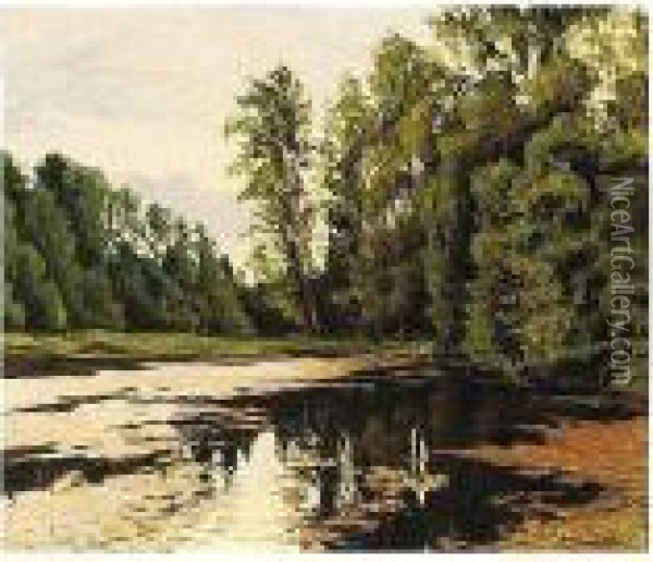 Reflections In A Woodland Lake Oil Painting - Andrei Nikolaevich Shilder