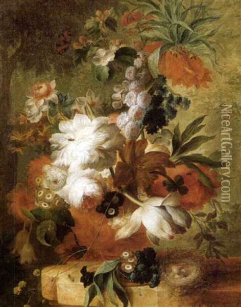A Vase Of Flowers, Including Roses, Primroses, Tulips And   Apple Blossom, On A Pedestal With A Bird's Nest Oil Painting - Jan Van Huysum