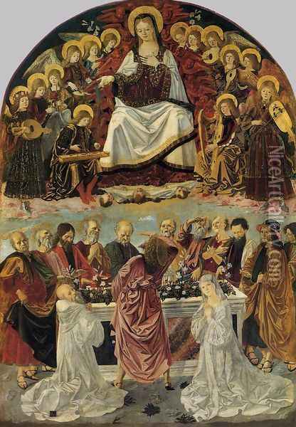 The Lady Of The Assumption Gives St Thomas Her Belt 1475 Oil Painting - Bartolomeo Della Gatta