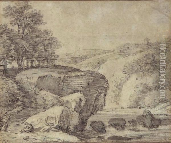Rugged River Landscape With Travellers By Rapids Oil Painting - Simon De Vlieger