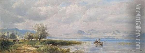Wolkenverhangene Seelandschaft Mit Fischern Im Boot Vor Gebirgskulisse Oil Painting - Albert Kappis