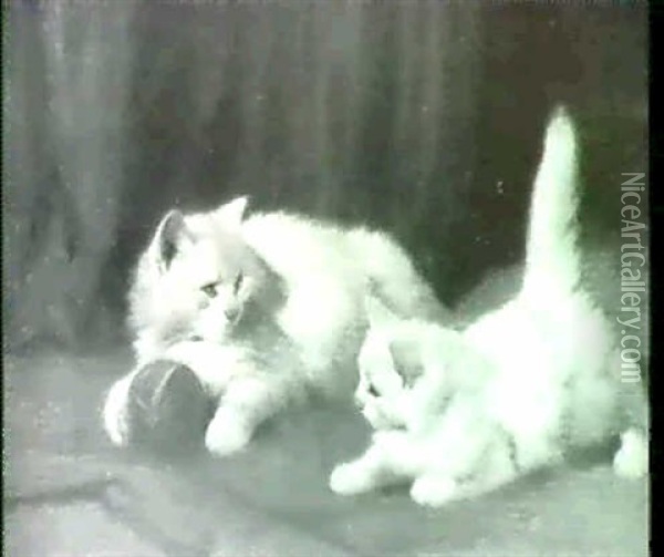 Two White Angora Kittens Playing With A Ball In An          Interior Oil Painting - Arthur Heyer