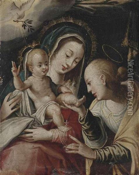 Madonna And Child With Saint Barbara. Oil Painting - Hans Von Aachen