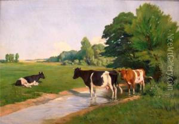 Sommerlandschaft Mit Kuhen An Einem Flusslauf Oil Painting - Paul Thomas