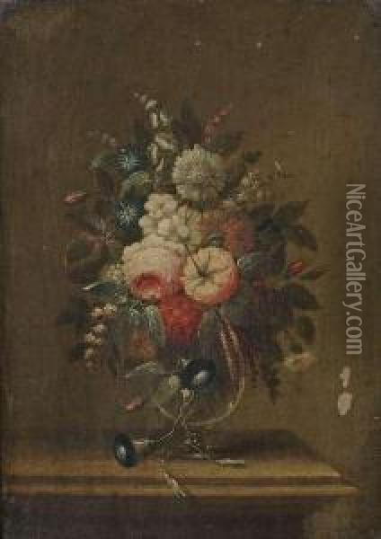 Stilllifes With Flowers In A Glass Vase On A Table. Oil Painting - Adam Johann Schlesinger