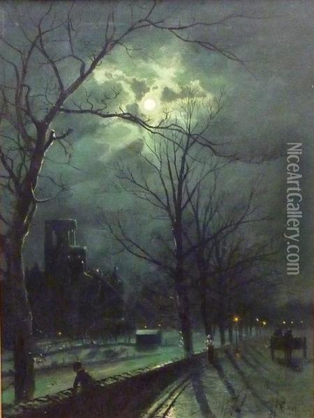 Kirkstall Abbey Leeds By Moonlight Oil Painting - Walter Meegan