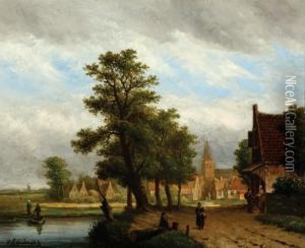 View Of A Village Near Thewater Oil Painting - Oene Romkes De Jongh