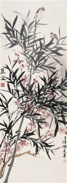 Bamboo And Birds Oil Painting -  Ling Wenyuan