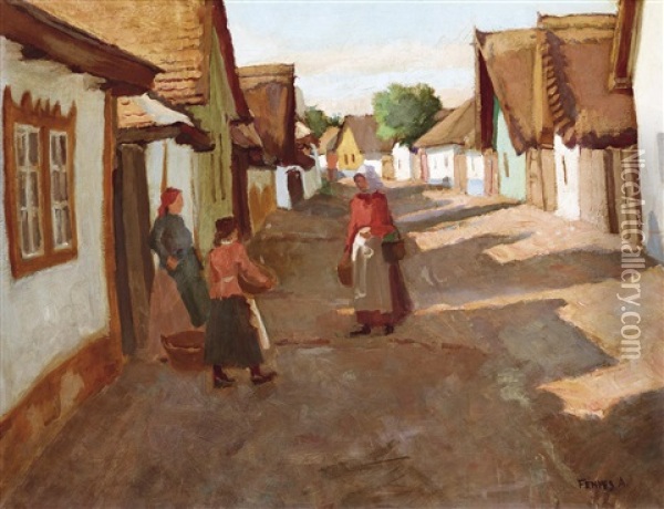 Street In Szolnok Oil Painting - Adolf Fenyes