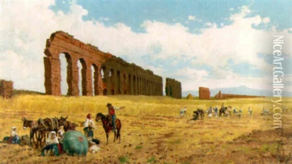 Harvesters On The Roman Campagna Oil Painting - Pietro Barucci