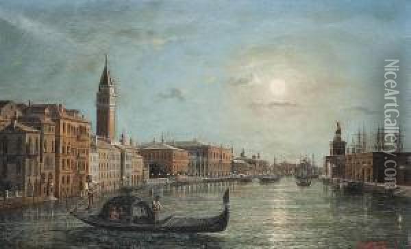 A Gondola Ride By Twilight On The Grand Canal, Venice Oil Painting - Ludwig Rubelli Von Sturmfest