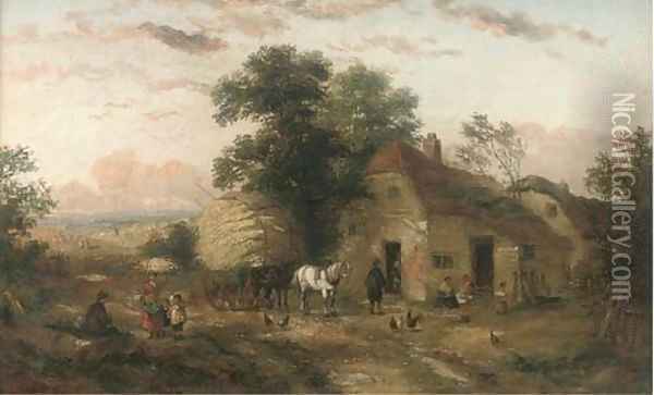 A hay cart and figures outside a farm; and At the village pump Oil Painting - Georgina Lara