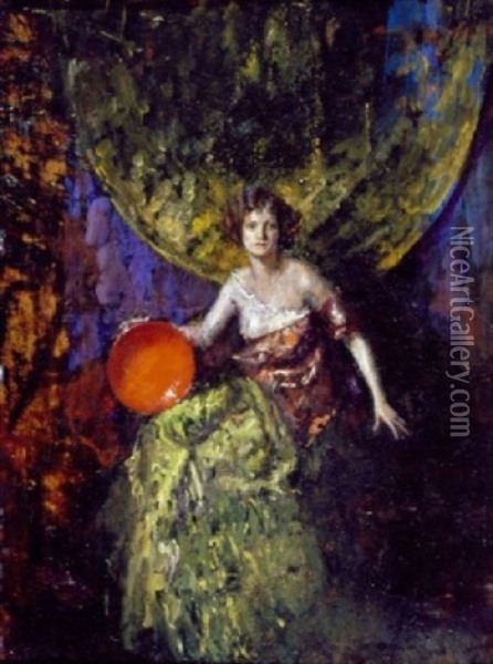 Woman With Large Red Ball Oil Painting - Indiana Gyberson