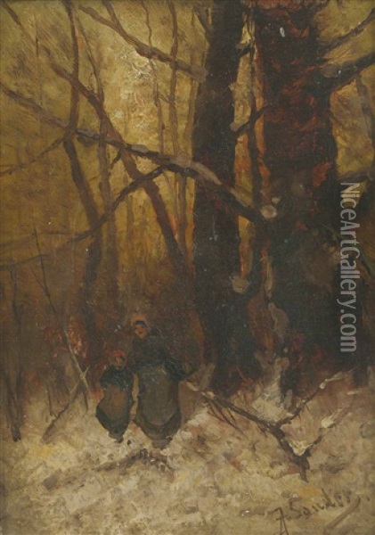 Frau U. Madchen Im Verschneiten Wald Oil Painting - Johann Jungblut