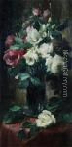 Still Life With White And Red Roses Oil Painting - Frans Mortelmans