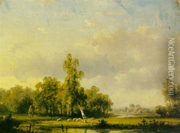 A Summer Landscape Oil Painting - Pieter Lodewijk Francisco Kluyver