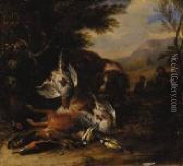 A Dead Hare, A Brace Of 
Partridge, A Kingfisher, A Chaffinch, Athrush And A Cock Pheasant With A
 Spaniel, A Hunter With Anotherdog Beyond, In A Wooded Landscape Oil Painting - Adriaen de Gryef