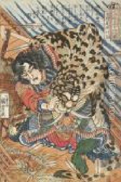 A Tiger Skin To Defend Himself Fromarrows Oil Painting - Utagawa Kuniyoshi