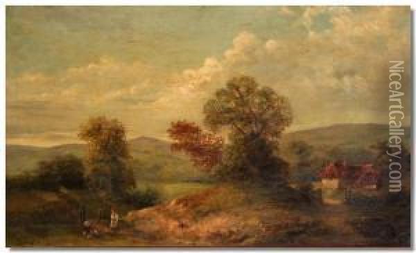 Country Landscape Scene With Figures On A Lane Oil Painting - David Payne