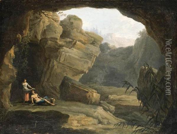 Figures Resting By The Mouth Of A Cave, A Capriccio Of Tivolibeyond Oil Painting - Claude-joseph Vernet