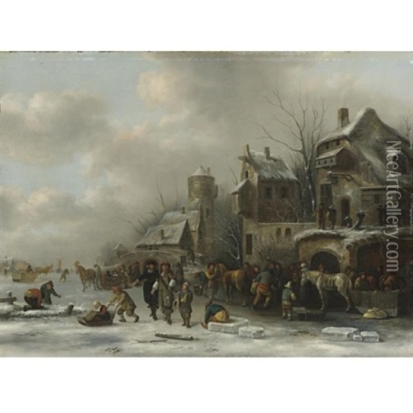 Winter Landscape With Two Gentleman And Peasants On A Frozen River By A Village Oil Painting - Nicolaes Molenaer