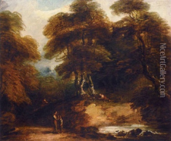 Rustic Landscape With Figures By A Stream Oil Painting - Thomas Barker