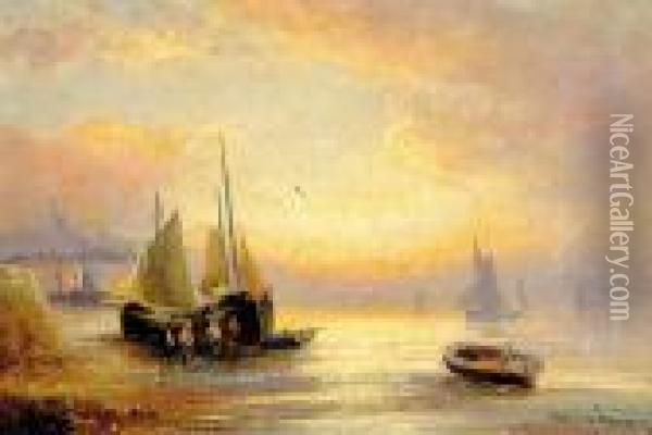 Sunset Fishermen Lagging Ashore Oil Painting - William Langley