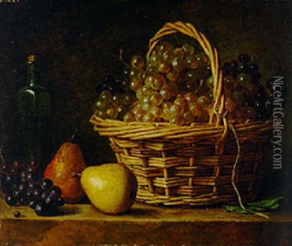 Grapes In A Wicker Basket, Pears, Grapes And A Bottle On A Ledge Oil Painting - Henri Horace Roland de la Porte
