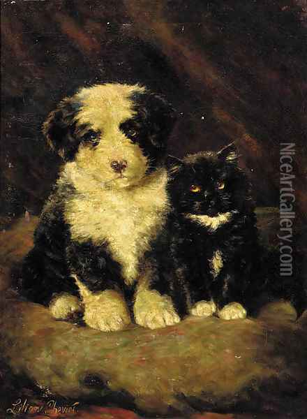 A sheepdog puppy with a kitten Oil Painting - Lilian Cheviot