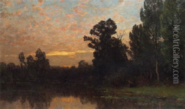 By The Riverside At Sunset Oil Painting - Gilbert Von Canal