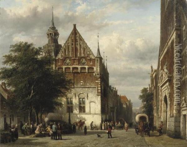 A Busy Market In Front Of The 
Town Hall, Kampen, With The Entrance Of The Nieuwe Toren On The Right Oil Painting - Cornelis Springer
