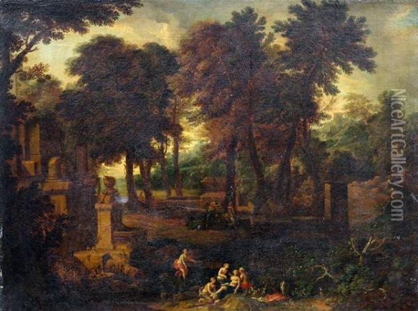 Idyllische Landschaft Mit Badenden Nymphen Zwischen Antiken Ruinen Oil Painting - Johannes (Polidoro) Glauber