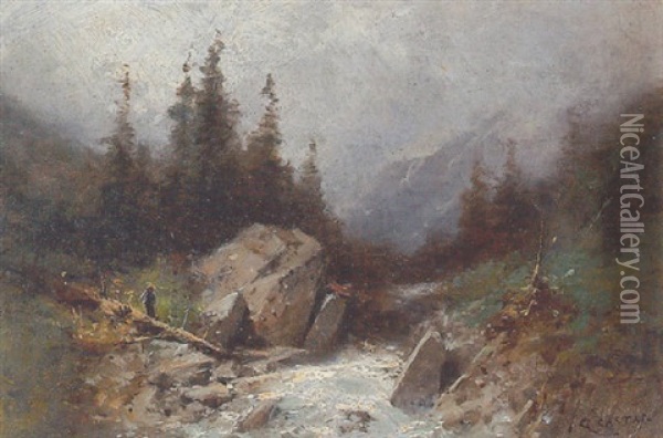 Ruisseau De Montagne Avec Promeneur Oil Painting - Gustave Eugene Castan