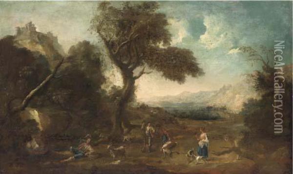 An Extensive Landscape With Huntsmen In The Foreground Oil Painting - Francesco Zuccarelli