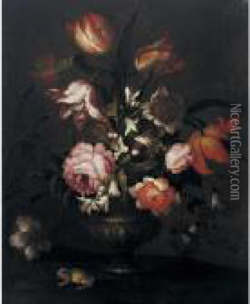 Vase Of Flowers With A Frog Oil Painting - Giuseppe Recco