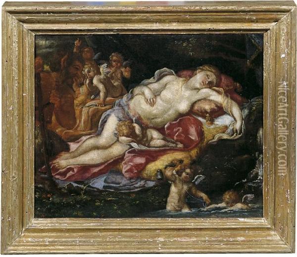 Venere Dormiente Con Amorini E Un Satiro Oil Painting - Pietro Santi Bambocci