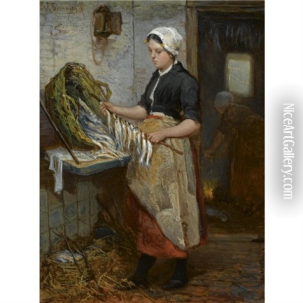 Preparing The Fish (de Speetster) Oil Painting - Bernardus Johannes Blommers