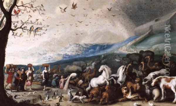 Noe Et Sa Famille S'embarquant Sur L'arche Aves Les         Animeaux Oil Painting - Hans Jordaens III