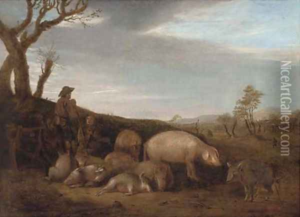 A swineherd with pigs in a landscape Oil Painting - Paulus Potter