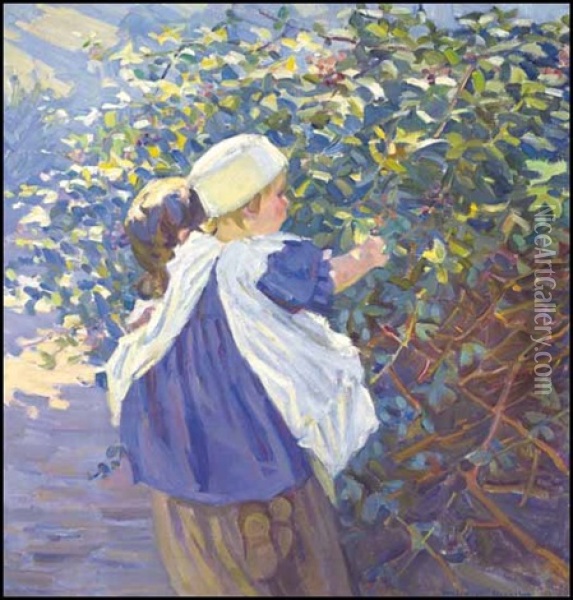 Mother And Child Picking Berries Oil Painting - Helen Galloway Mcnicoll