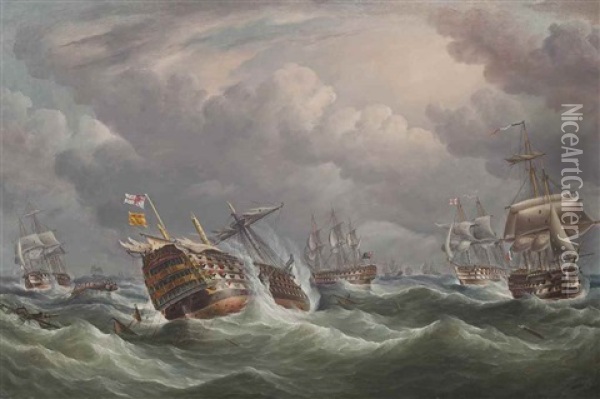The Aftermath Of Trafalgar: The Spanish Flagship Santisima Trinidad Wallowing In The Swell Under Prize Colours Oil Painting - Thomas Buttersworth
