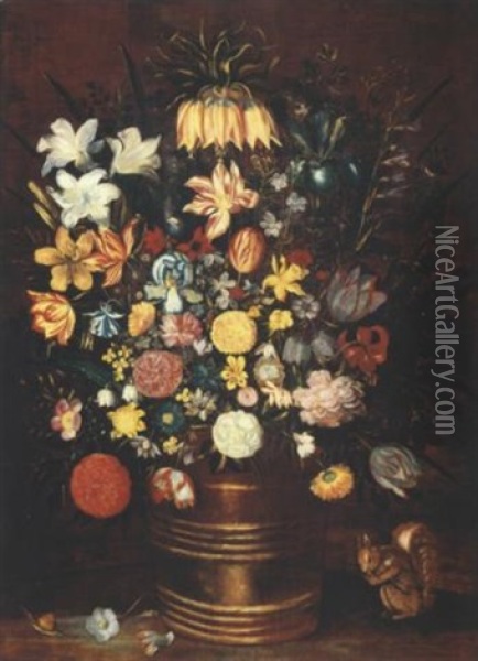 Blumenstilleben In Einem Holzbottich Oil Painting - Samuel van den Hecken