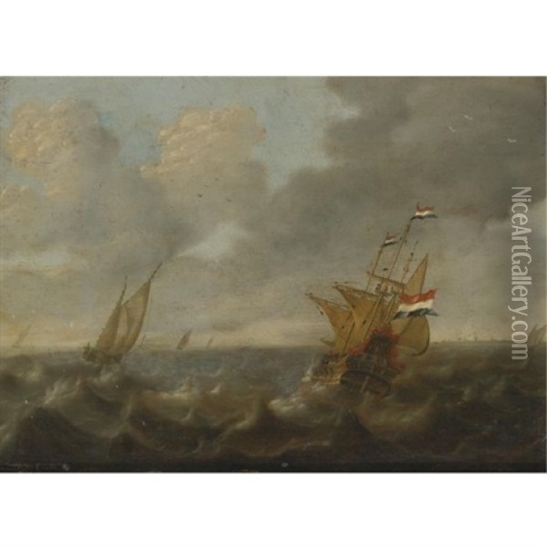 Dutch Ships On A Rough Sea Oil Painting - Jan Abrahamsz. Beerstraten
