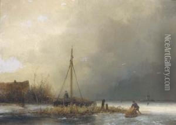 A Frozen River Landscape Oil Painting - Johannes Franciscus Hoppenbrouwers