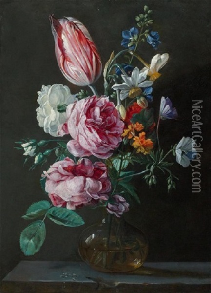 A Bouquet Of Flowers In A Glass Vase Oil Painting - Jan van den Hecke the Elder