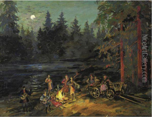 Gypsies By The River, Yaroslavl Gubernia Province Oil Painting - Konstantin Alexeievitch Korovin