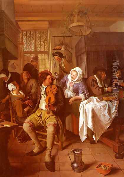 Inn with Violinist and Card Players 1665-68 Oil Painting - Jan Steen