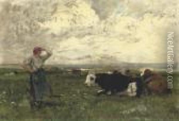 Young Farmgirl With Cattle Oil Painting - Julien Dupre