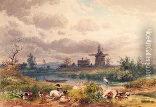 A Heron And Poultry Before A Windmill In An Open Landscape Thoughtto Be Near Dresden Oil Painting - Ernst Hasse