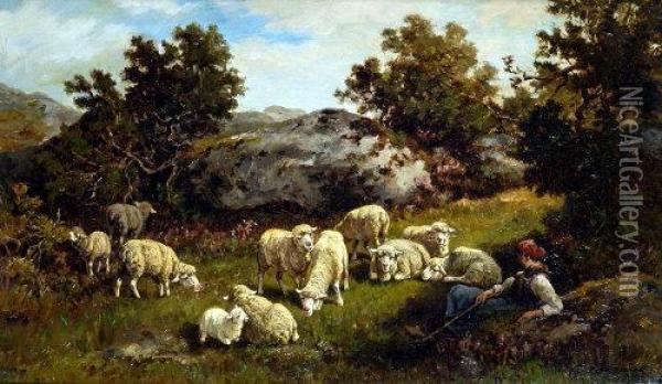 Shepherdess Watching Her Sheep, In A Rocky Landscape Oil Painting - Charles Ferdinand Ceramano